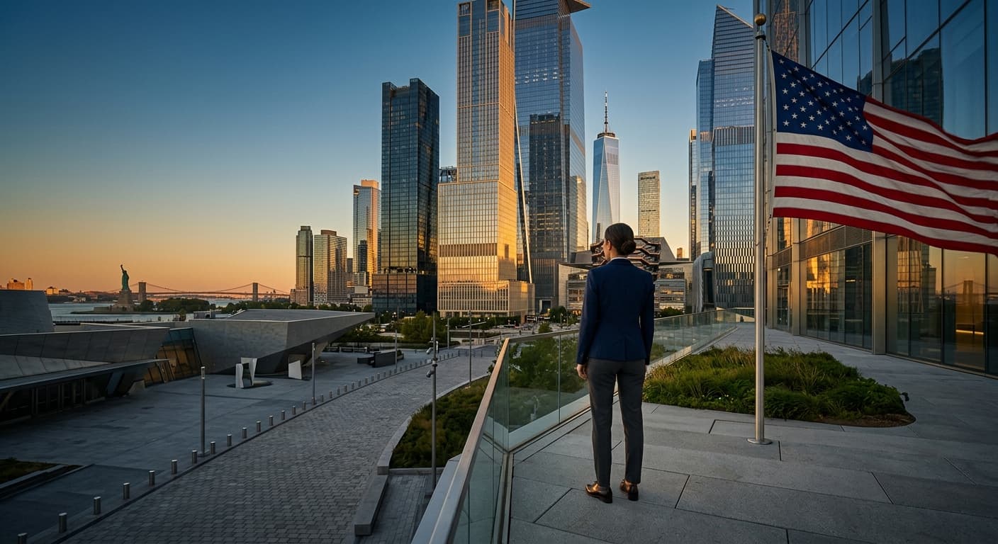 International graduate looking over an American city